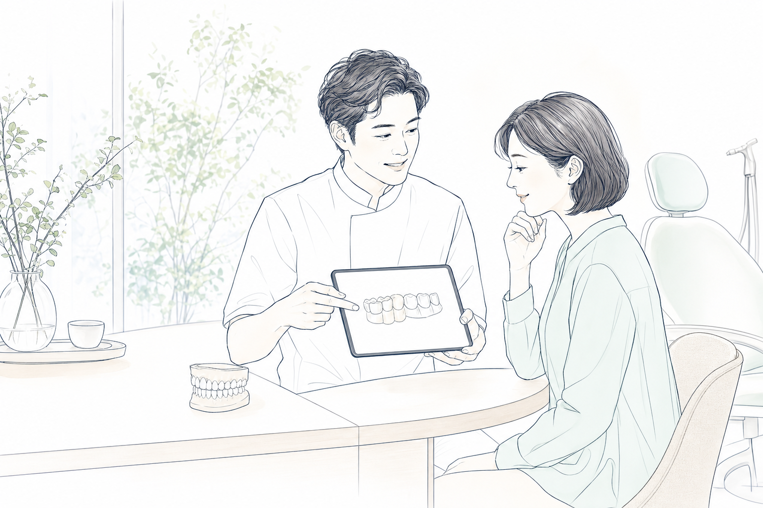 歯科医師がタブレットで治療内容を説明する診療室
